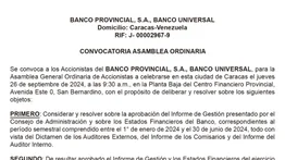CONVOCATORIA ASAMBLEA  | BANCO PROVINCIAL S.A BANCO UNIVERSAL 21 AGO 2024