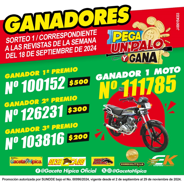 Este premio podría ser tuyo: ganadores sorteo 1 Pega un palo y Gana