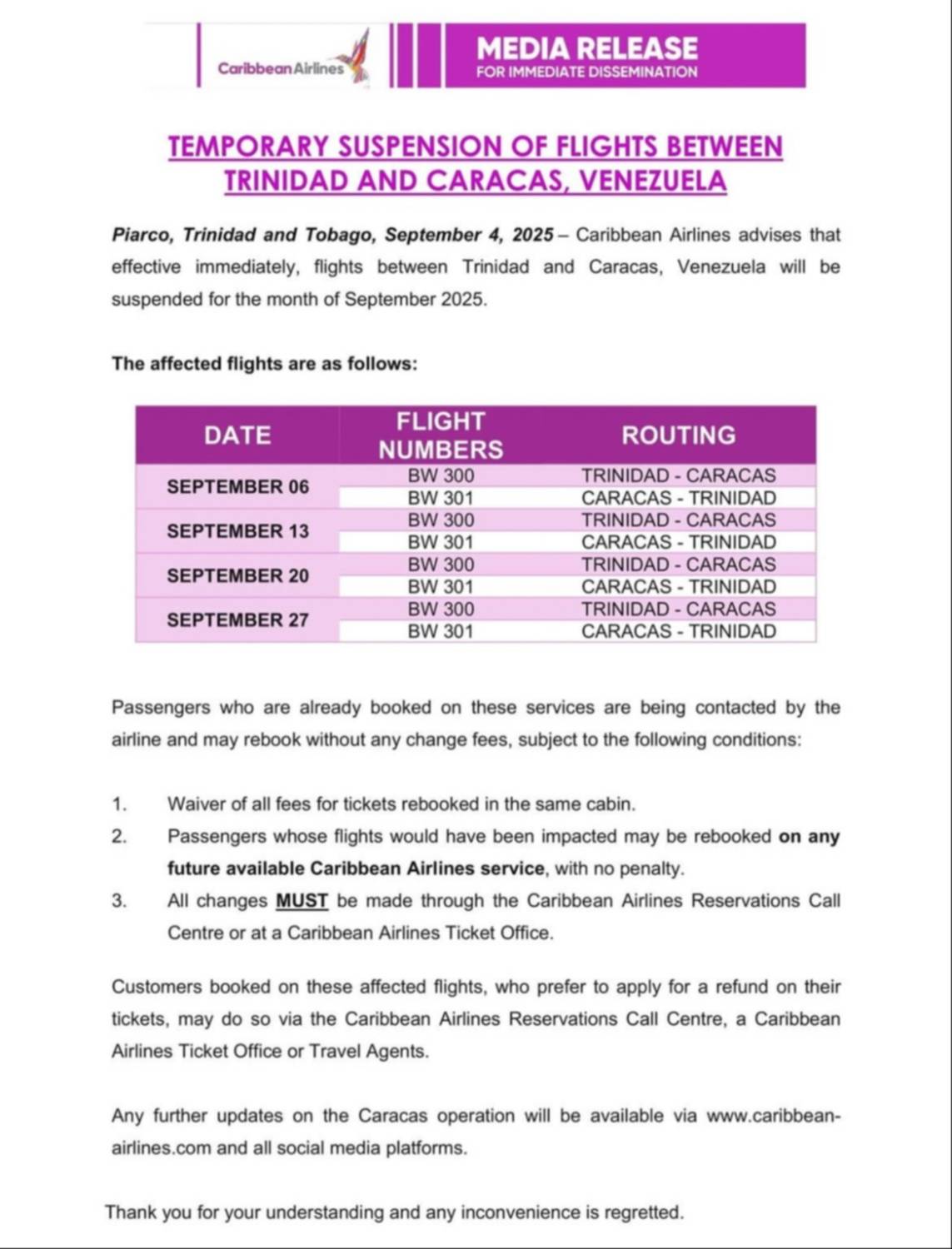 Caribbean Airlines suspende sus vuelos en Venezuela: esta es la ruta afectada