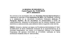 LA MUNDIAL DE SEGUROS C.A. CONVOCATORIA 9 SET 25