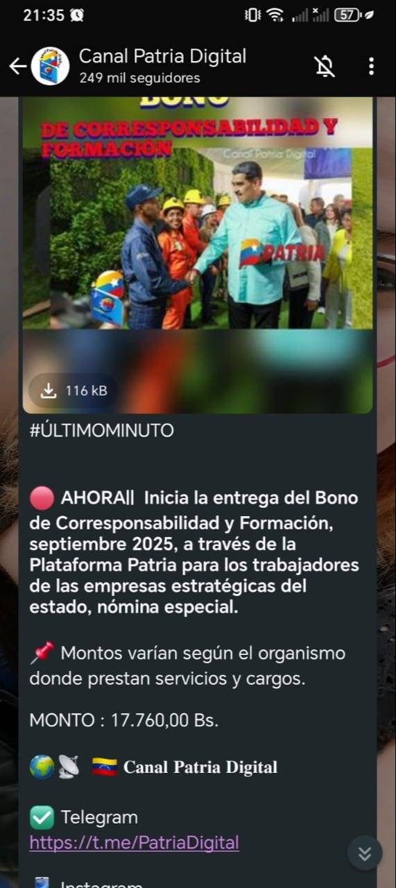 Sistema Patria: inicia el pago de un megabono Sistema Patria: inicia el pago de un megabono