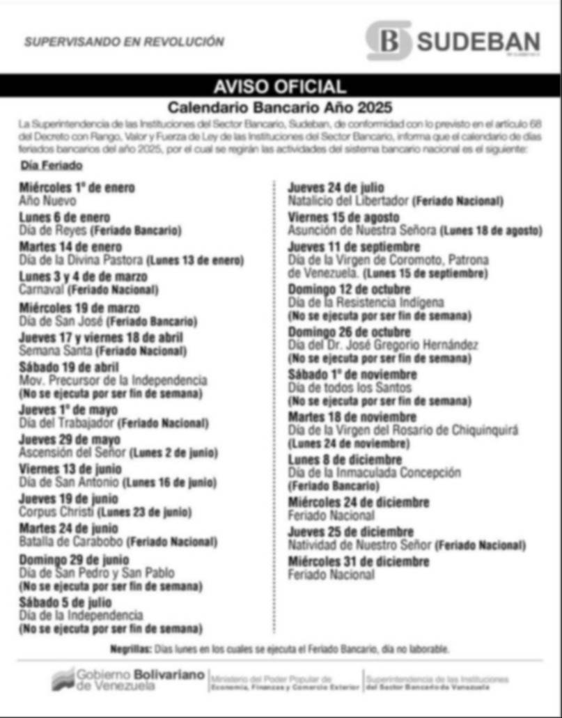 Feriados bancarios y no laborables para el mes de octubre en Venezuela