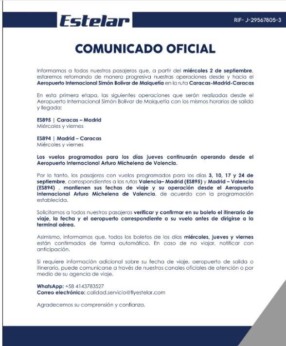 Estelar reactiva ruta Caracas-Madrid desde Maiquetía y aclara qué pasará con los vuelos desde Valencia