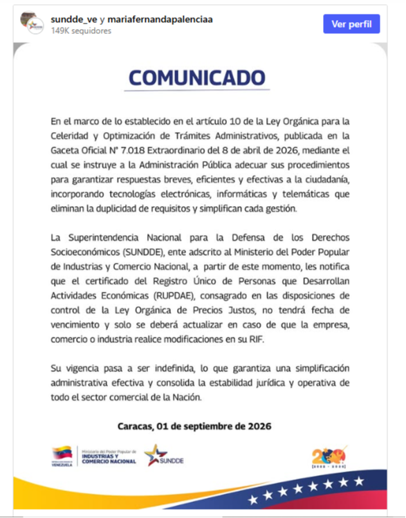 Comunicado: Certificado del Rupdae pasa a tener vigencia indefinida tras ajuste de la Sundde