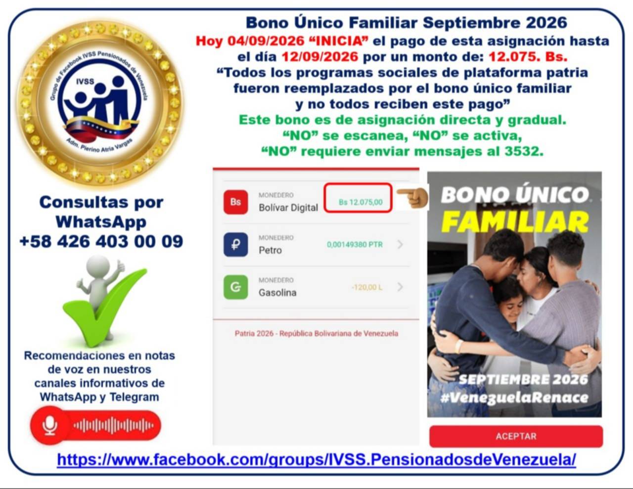 Sistema Patria arranca pago del Bono Único Familiar: monto septiembre 2026