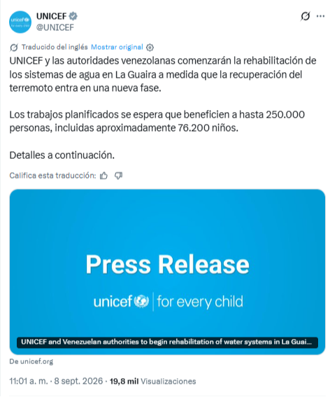 Unicef anuncia obras en Venezuela: rehabilitará plantas de agua afectadas por los sismos