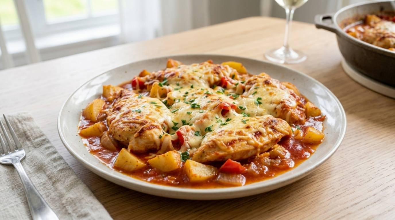 Pechugas de pollo con tomate y papas: el truco definitivo para una carne tierna