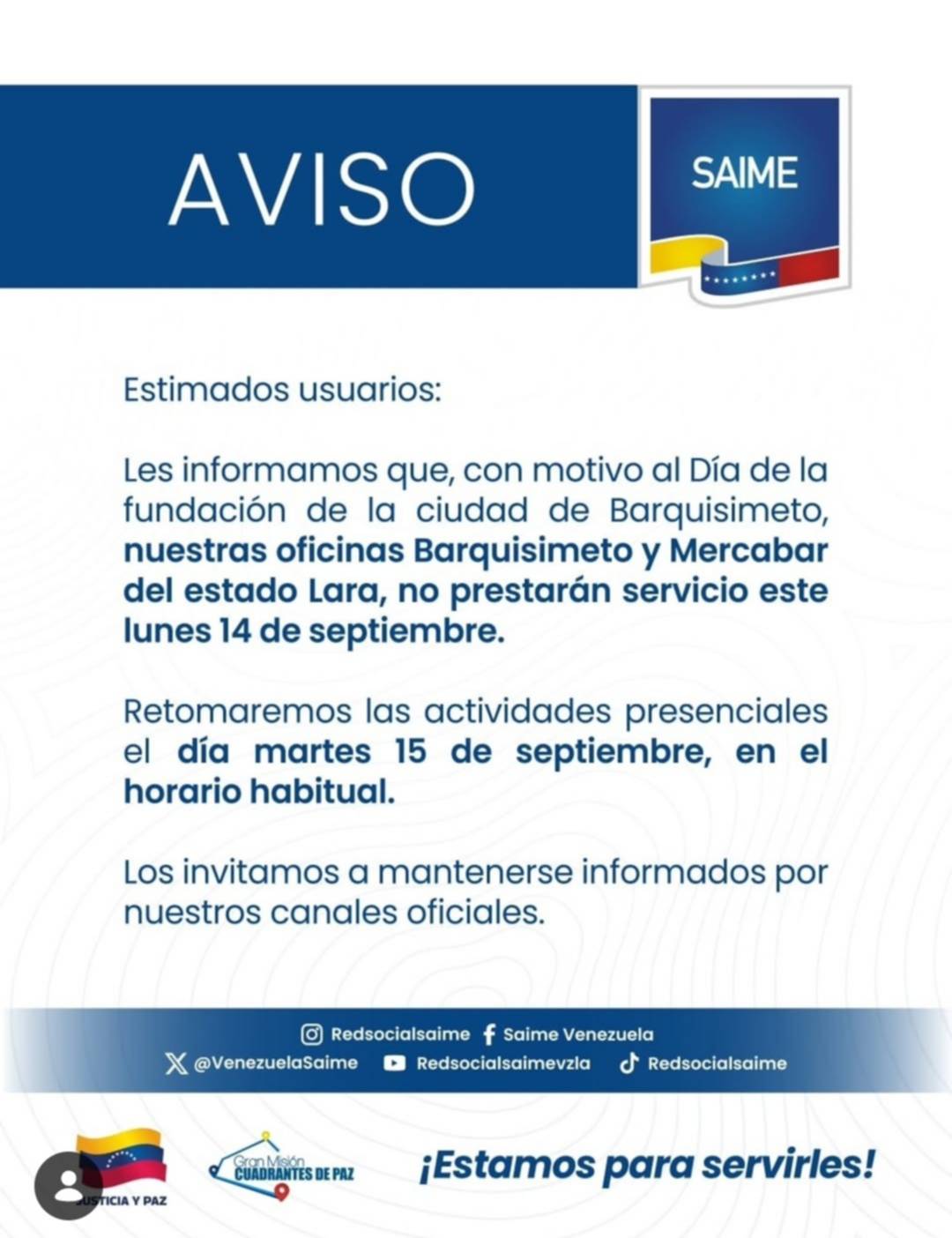 Oficinas del Saime que no prestarán servicio este lunes 14 de septiembre: cuándo reanudan los trámites