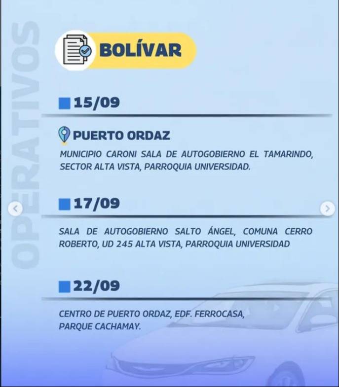 INTT anuncia cronograma de operativos para trámites de vehículos del 15 al 18 de septiembre