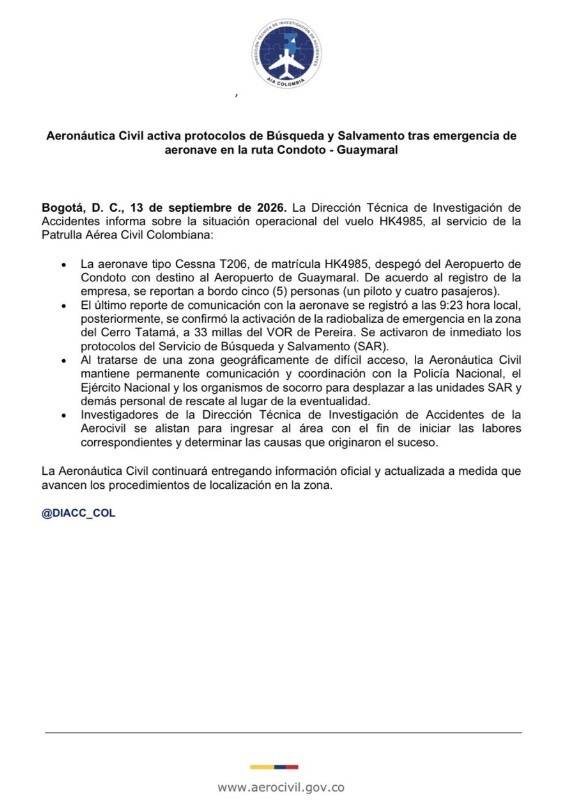 Desapareció una aeronave con cinco ocupantes este 13 de septiembre: activan protocolo de búsqueda y salvamento Desapareció una aeronave con cinco ocupantes este 13 de septiembre: activan protocolo de búsqueda y salvamento