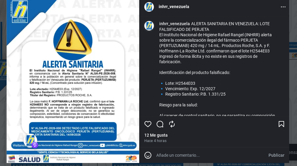 Instituto Nacional de Higiene emite alerta sanitaria por venta ilegal de medicamentos oncológicos Instituto Nacional de Higiene emite alerta sanitaria por venta ilegal de medicamentos oncológicos