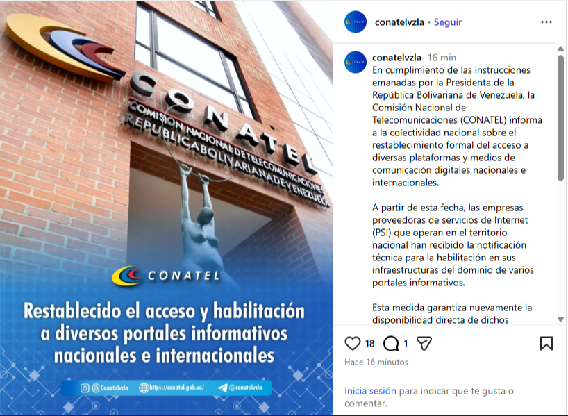 OFICIAL: Conatel confirma desbloqueo de portales web de noticias OFICIAL: Conatel confirma desbloqueo de portales web de noticias