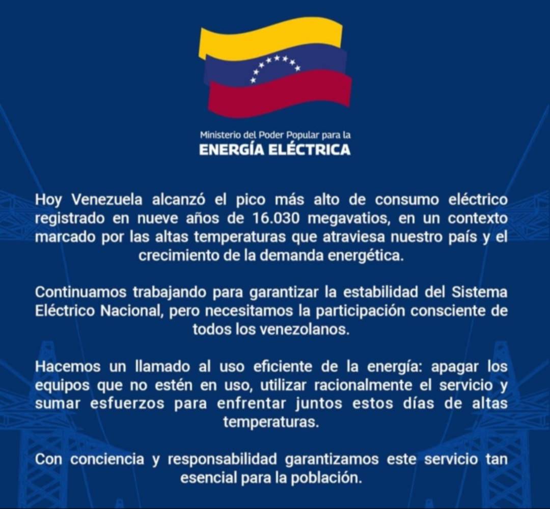 Venezuela registra récord histórico de consumo eléctrico de 16.030 megavatios Venezuela registra récord histórico de consumo eléctrico de 16.030 megavatios