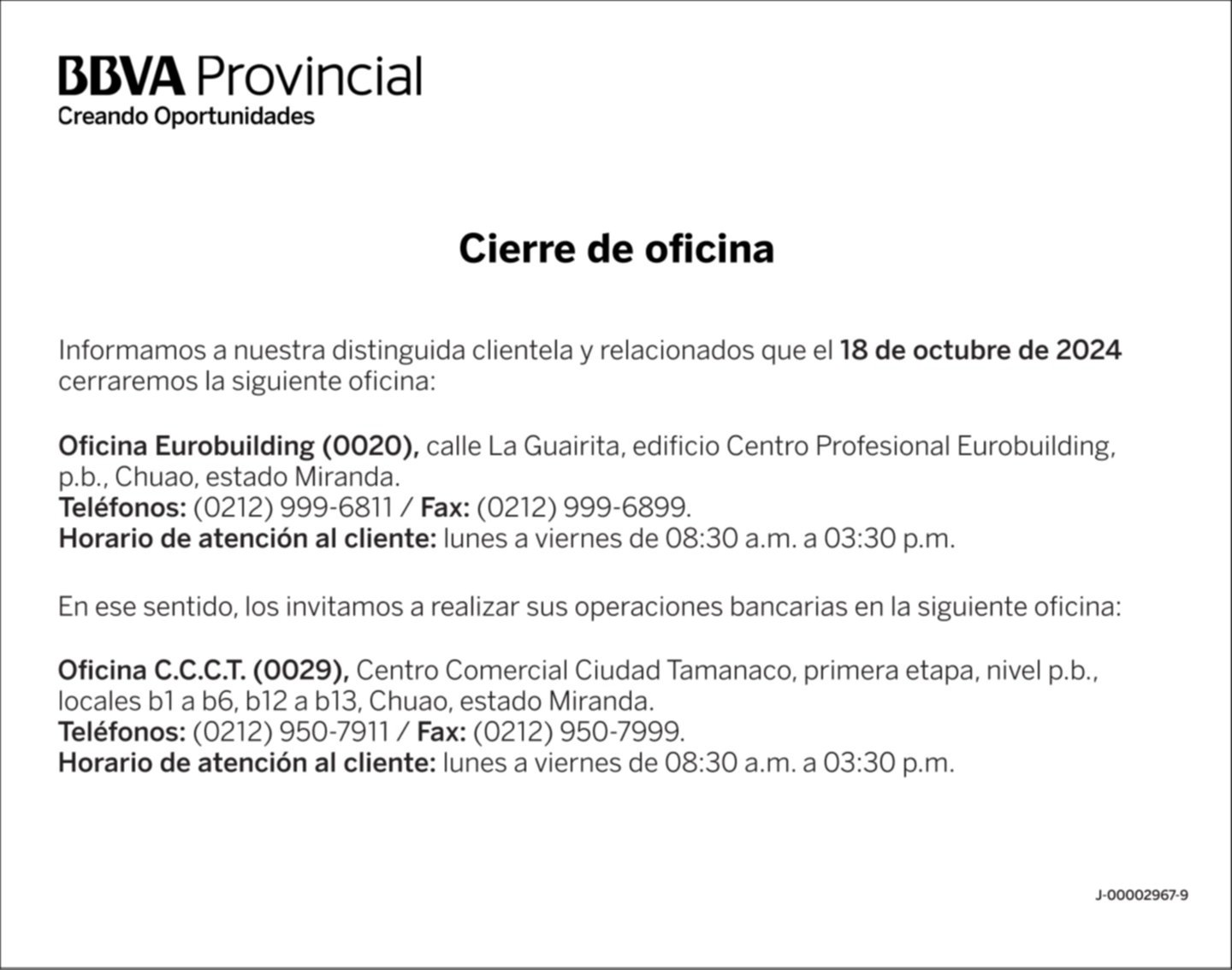 BANCO PROVINCIAL OFICINA EUROBUILDING (0020) 12 - OCT - 24