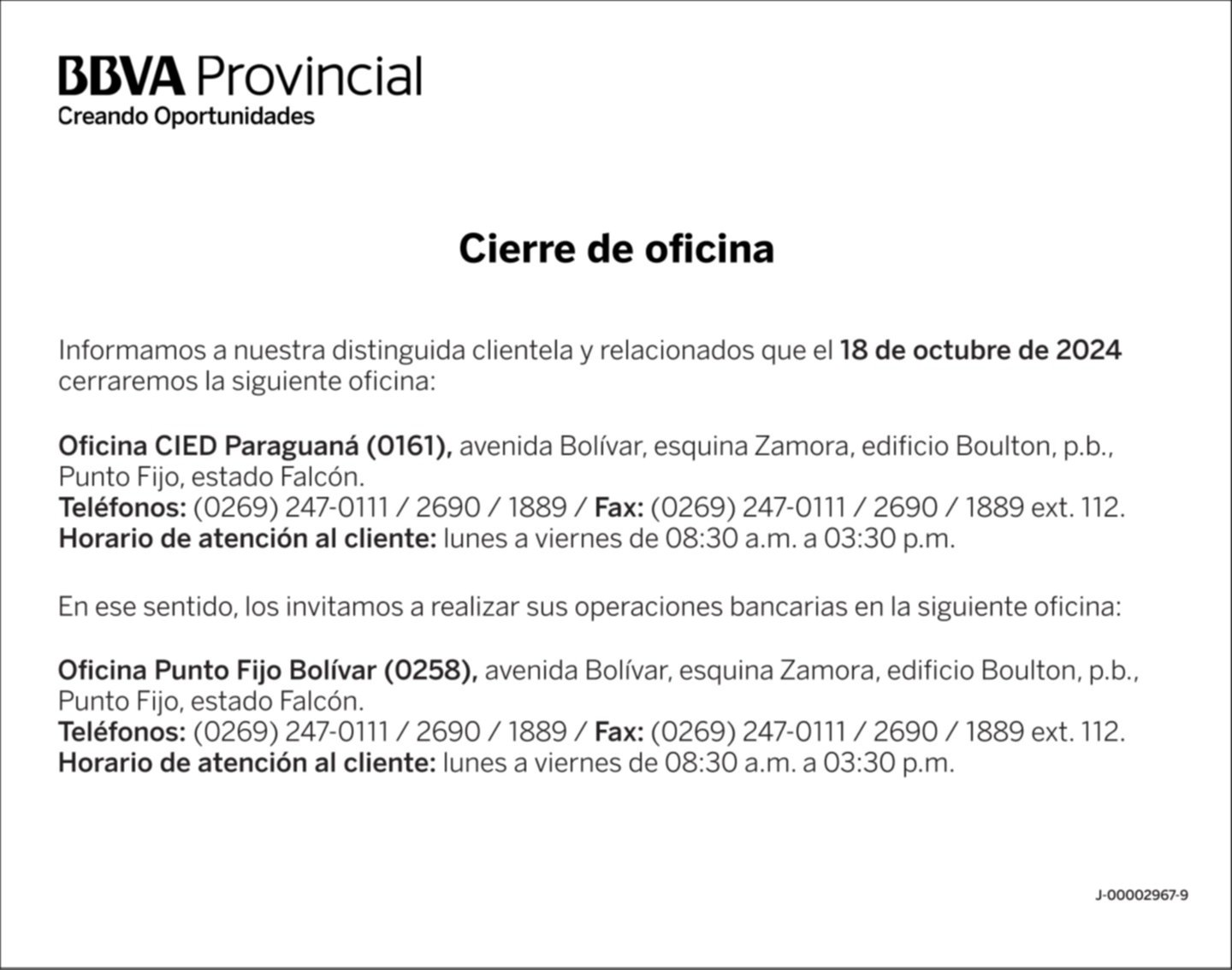 BANCO PROVINCIAL OFICINA CIED PARAGUANÁ (0161) 14-OCT-24