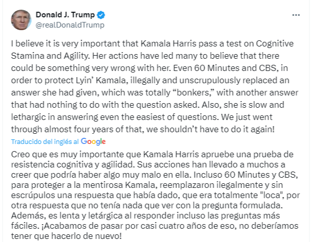 Trump pide a Kamala Harris un test de resistencia cognitiva Trump pide a Kamala Harris un test de resistencia cognitiva