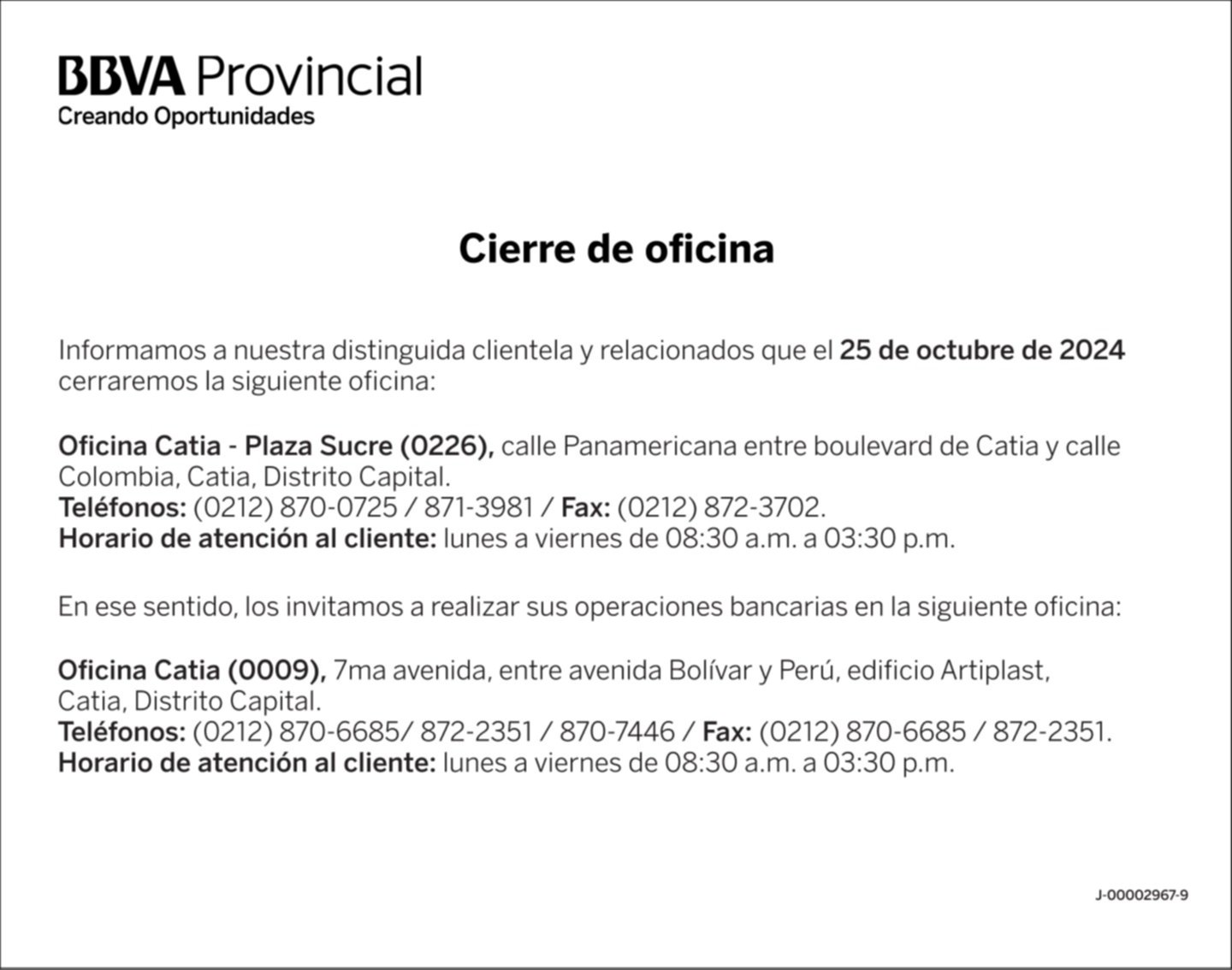 BANCO PROVINCIAL OFICINA CATIA PLAZA SUCRE (0226) 19-OCT-24