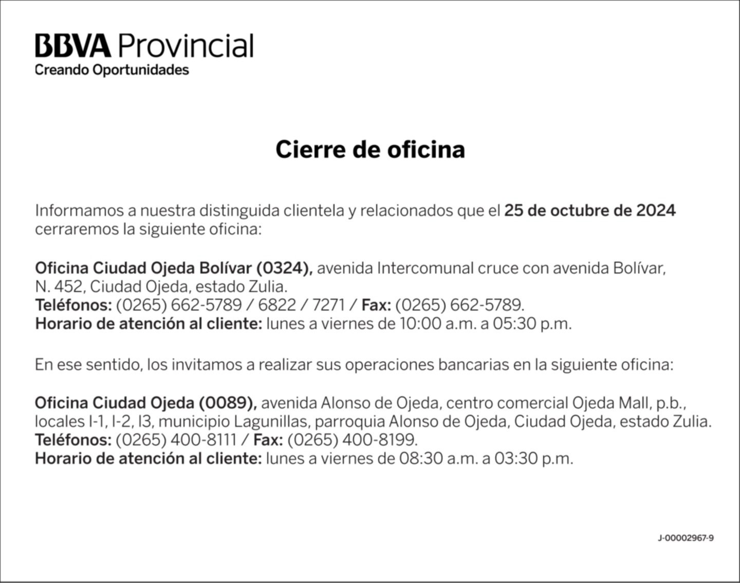BANCO PROVINCIAL OFICINA CIUDAD OJEDA BOLÍVAR (0324) 19-OCT-24