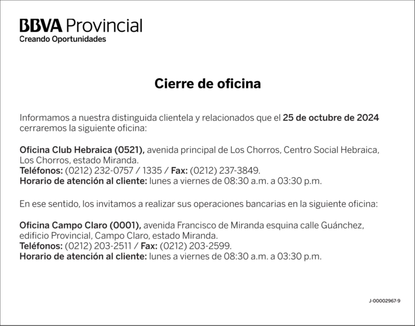 BANCO PROVINCIAL OFICINA CLUB HEBRAICA (0521) 20-OCT-24