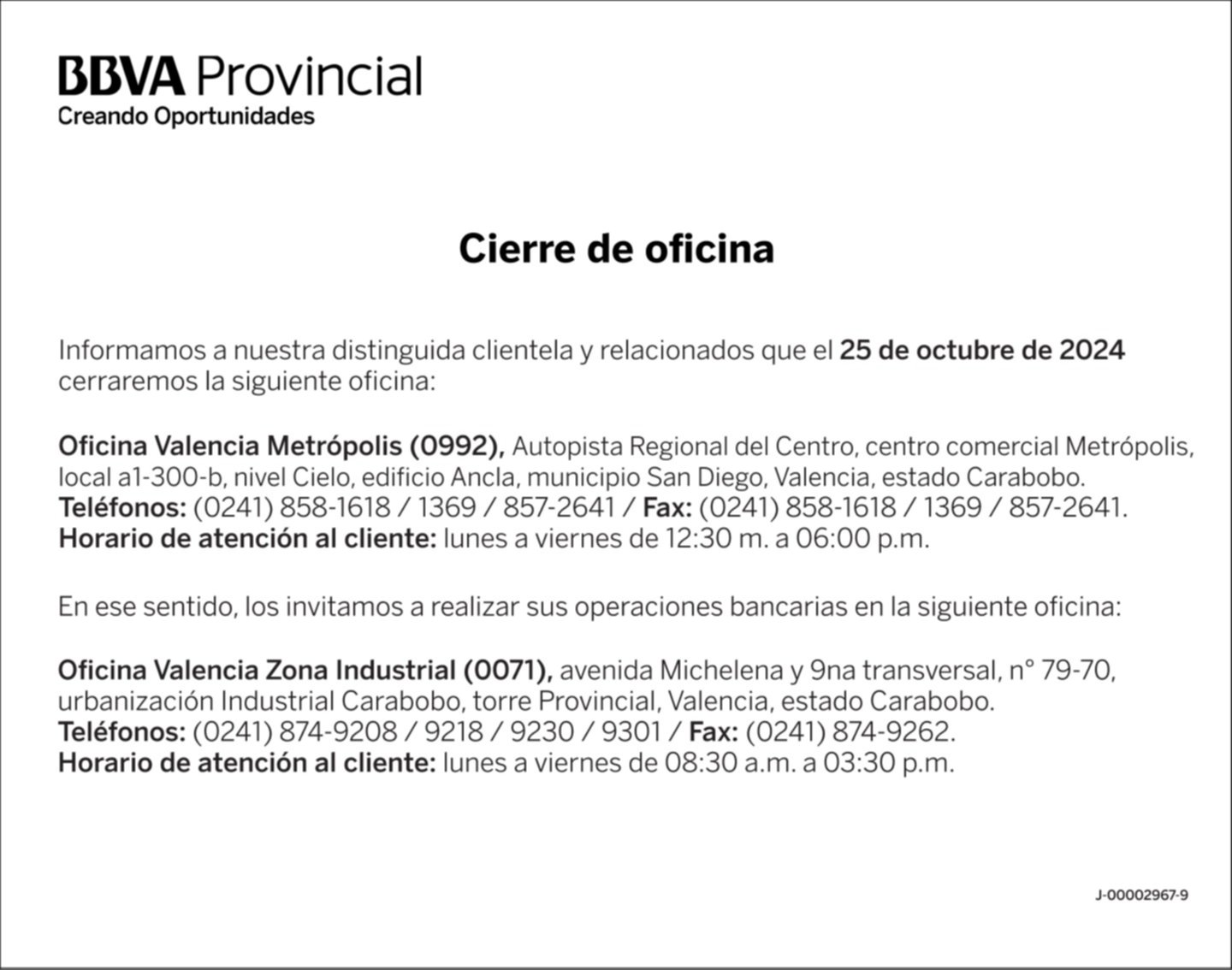 BANCO PROVINCIAL OFICINA VALENCIA METRÓPOLIS (0992) 23-OCT-24