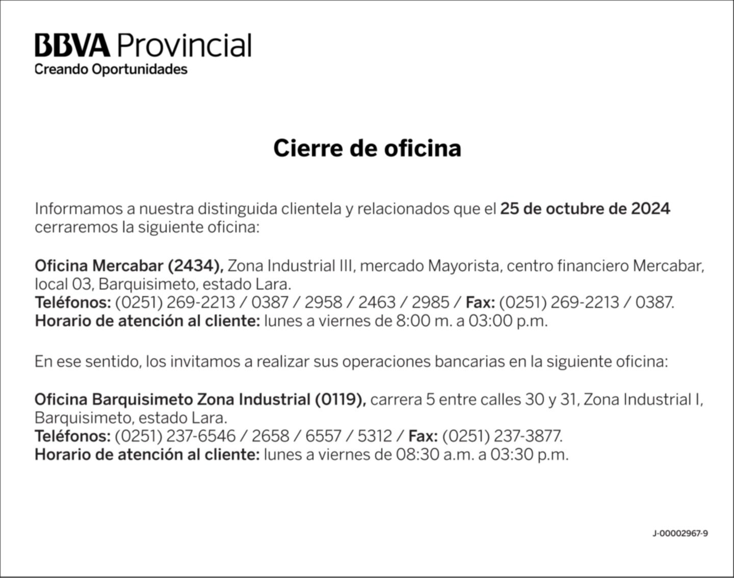 BANCO PROVINCIAL OFICINA MERCABAR (2434) 24-OCT-24