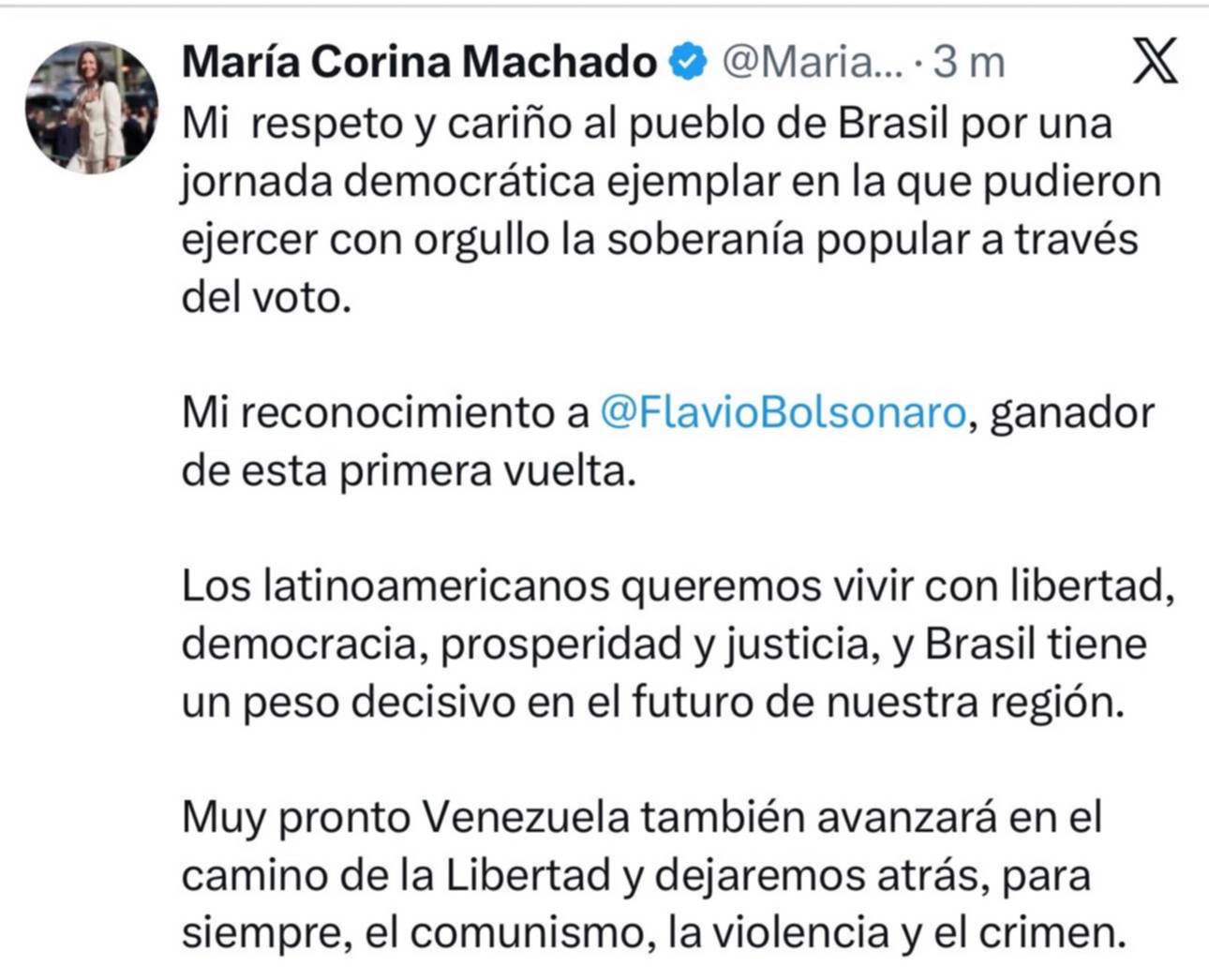 Elecciones presidenciales Brasil: El mensaje de María Corina Machado a Flávio Bolsonaro