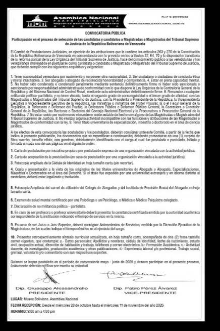 Asamblea Nacional reabre proceso de selección para el TSJ: fechas, requisitos y ratificación de candidatos Asamblea Nacional reabre proceso de selección para el TSJ: fechas, requisitos y ratificación de candidatos