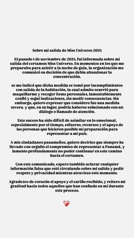 Esto dijo Miss Panamá tras ser expusada del Miss Universo (+Comunicado)