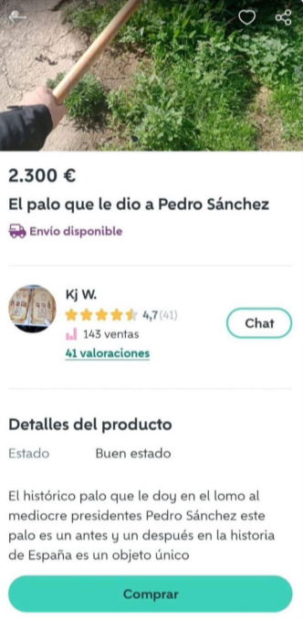 Subastan palo usado para agredir a Pedro Sanchez Subastan palo usado para agredir a Pedro Sanchez