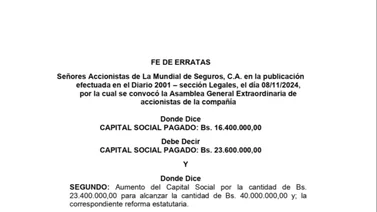 LA MUNDIAL DE SEGUROS, C.A. |  FE DE ERRATAS 08 NOV 2024