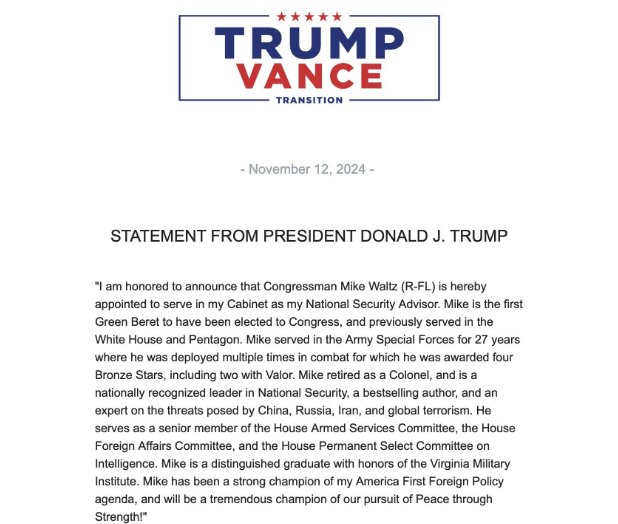 Trump confirma a Mike Waltz como su asesor de Seguridad Nacional