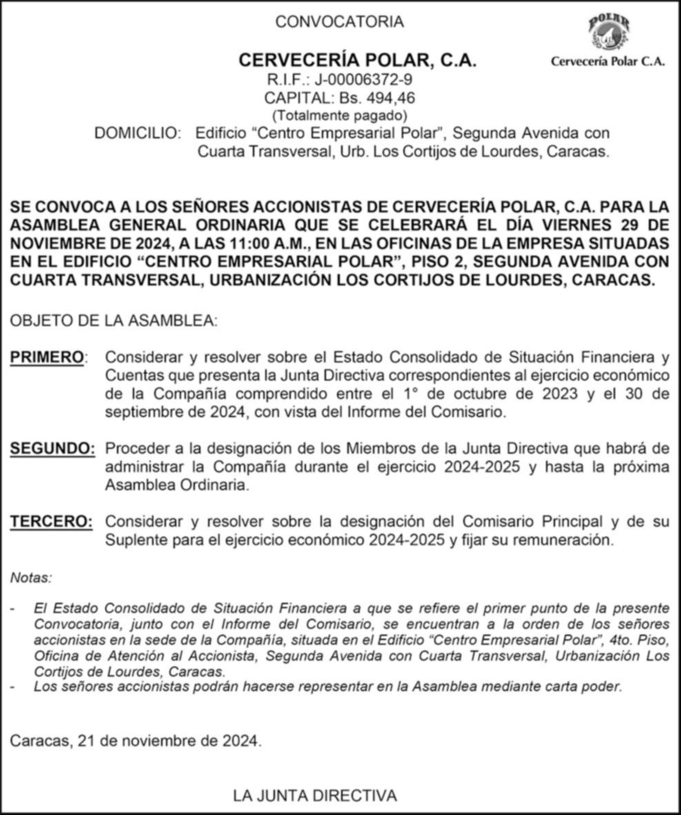 CONVOCATORIA ASAMBLEA | CERVECERÍA POLAR, C.A. 21 NOV 24