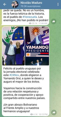 Nicolás Maduro envía mensaje al nuevo presidente de Uruguay