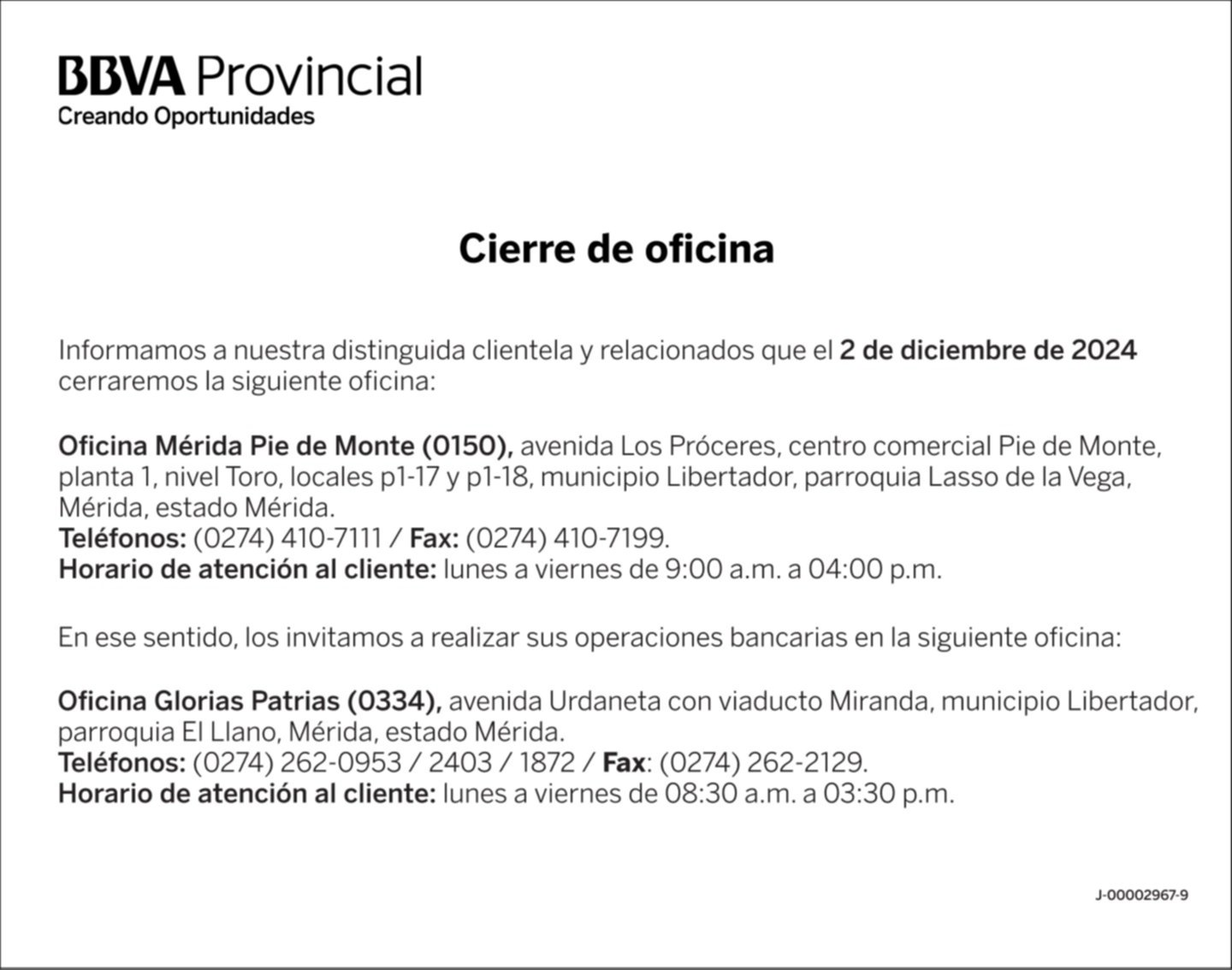 BANCO PROVINCIAL OFICINA MÉRIDA PIE DE MONTE (0150) 28 NOV 24