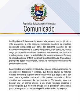 Venezuela responde a las recientes sanciones anunciadas por EEUU