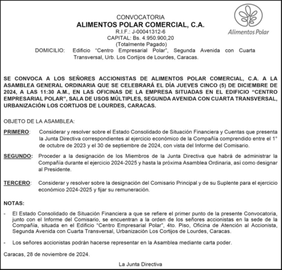 CONVOCATORIA ALIMENTOS POLAR COMERCIAL, C.A 28 NOV 24