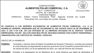 CONVOCATORIA ALIMENTOS POLAR COMERCIAL, C.A 28 NOV 24
