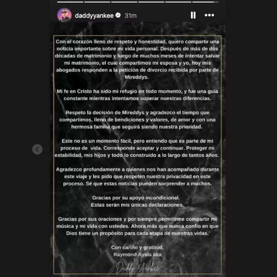 Daddy Yankee confirma su divoricio con Mireddys González (+Comunicado)