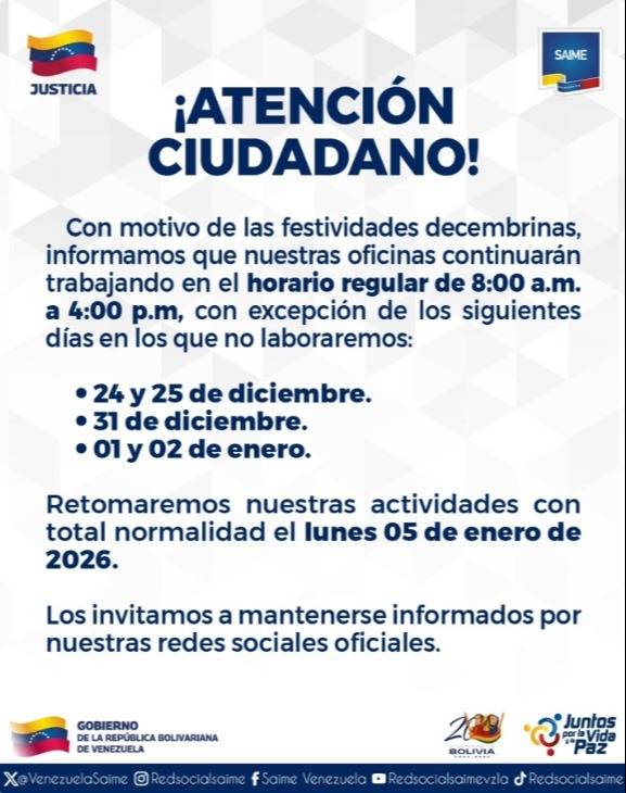 Cronograma Saime: estos son los días que no habrá atención al público por temporada decembrina