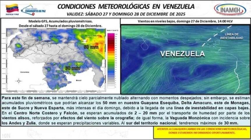 ¡Atención Inestabilidad climática traerá lluvias a estas regiones de Venezuela este fin de semana